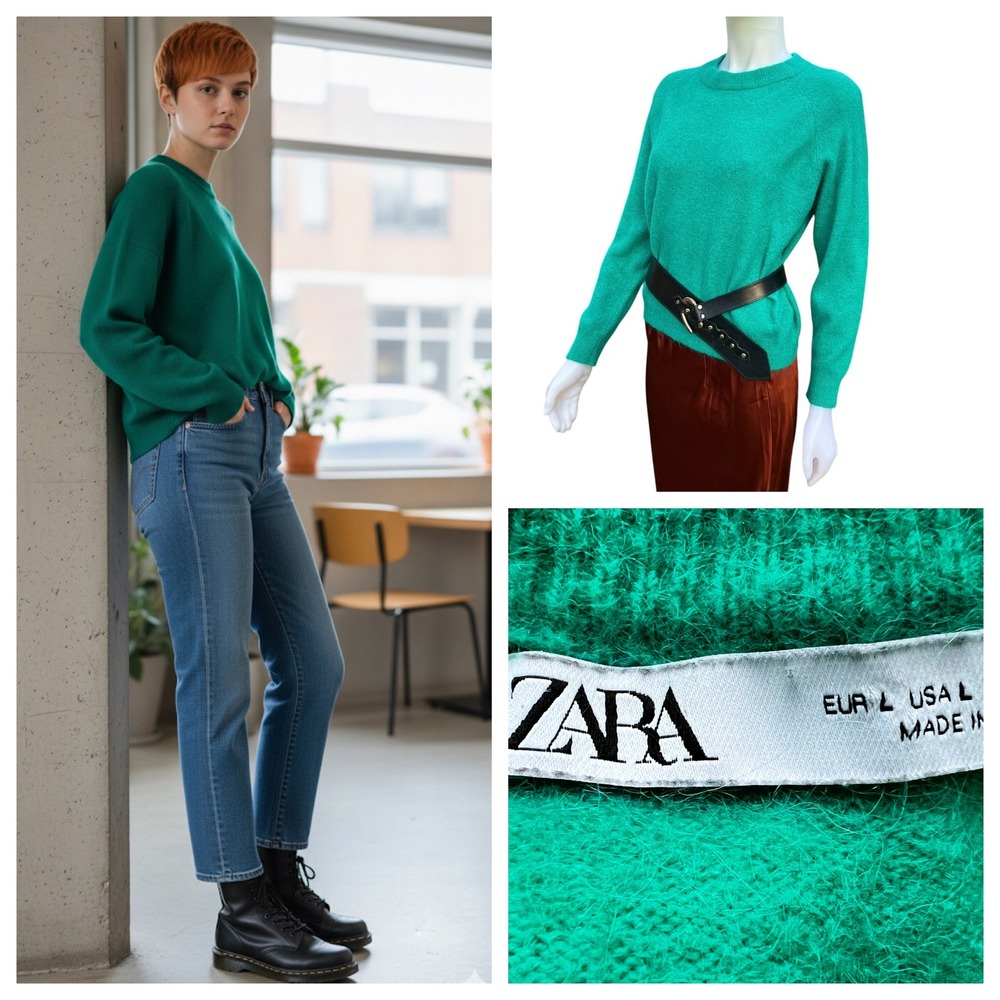 Zara Green Alpaca Wool Blend Knit Sweater Women's Crewneck Cozy Holiday SZ Large